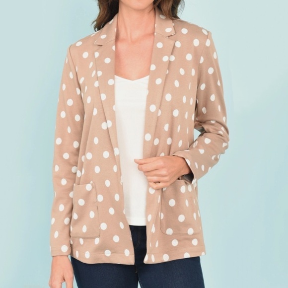 NWT DR2 Daniel Rainn Maria Polka Dot Tan/White Open Front Blazer - Picture 1 of 7